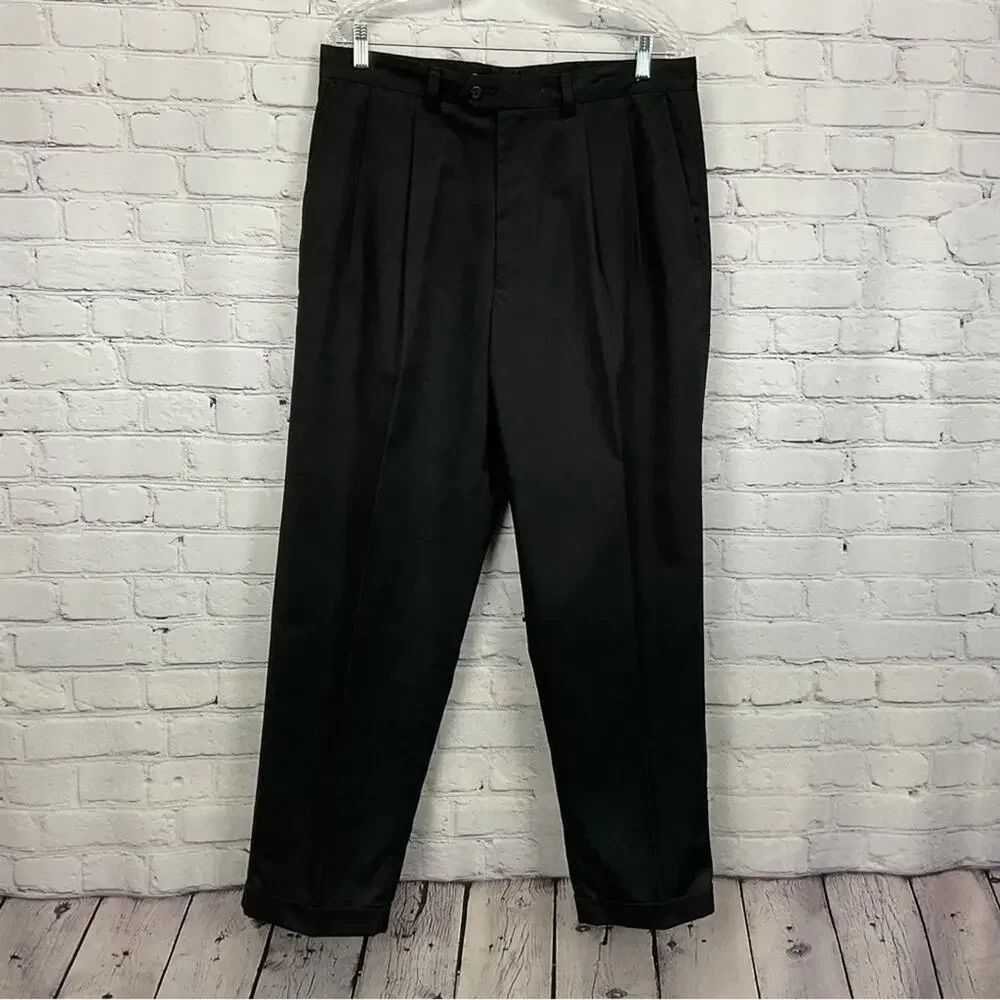 John W. Nordstrom Pants Men's Size 35x30 Black Pleated Business Casual Cuff Hem